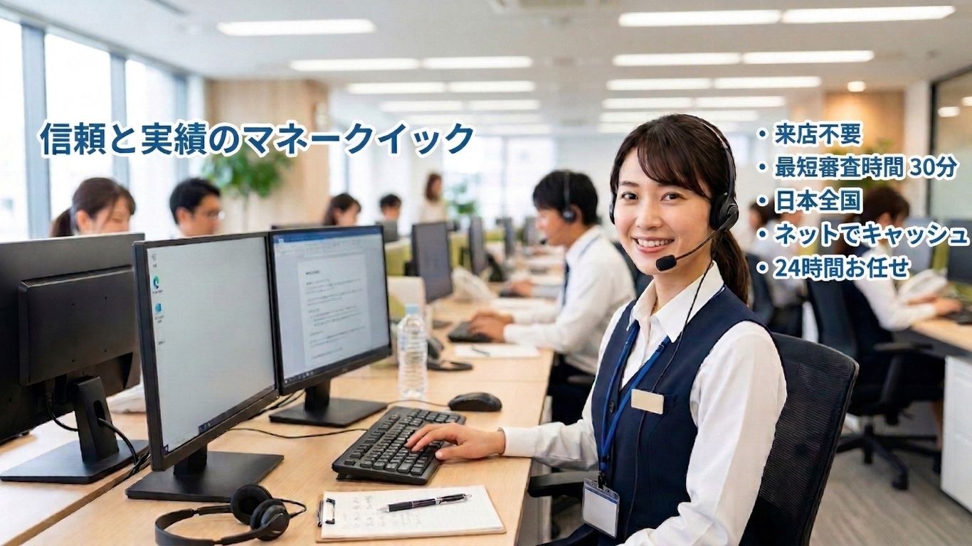 信頼と実績のマネークイック - 来店不要・最短審査時間30分・日本全国・ネットでキャッシュ・24時間お任せ